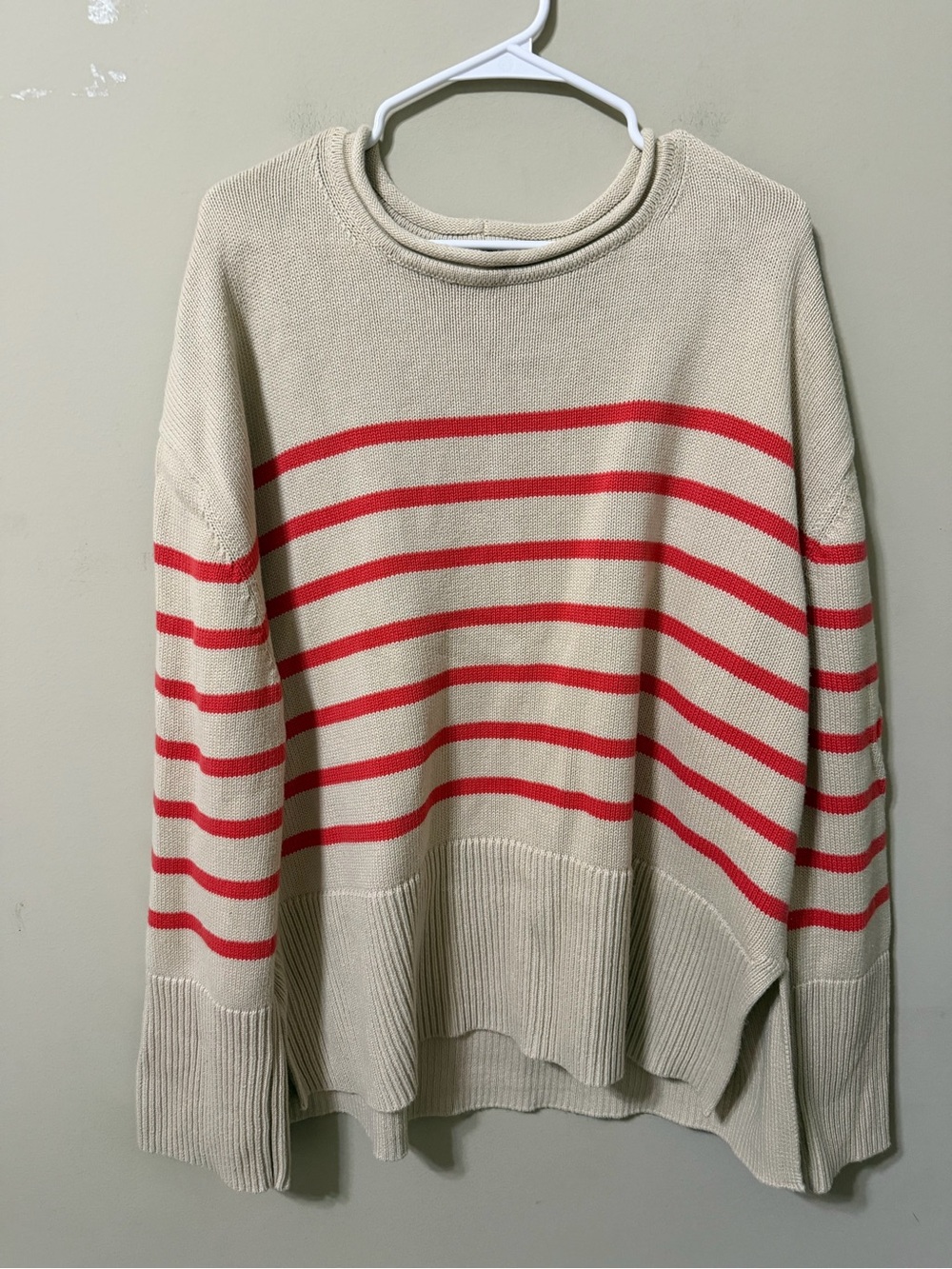 GAP Cream Crewneck Sweater red orange Stripes roll neck large tall cotton euc